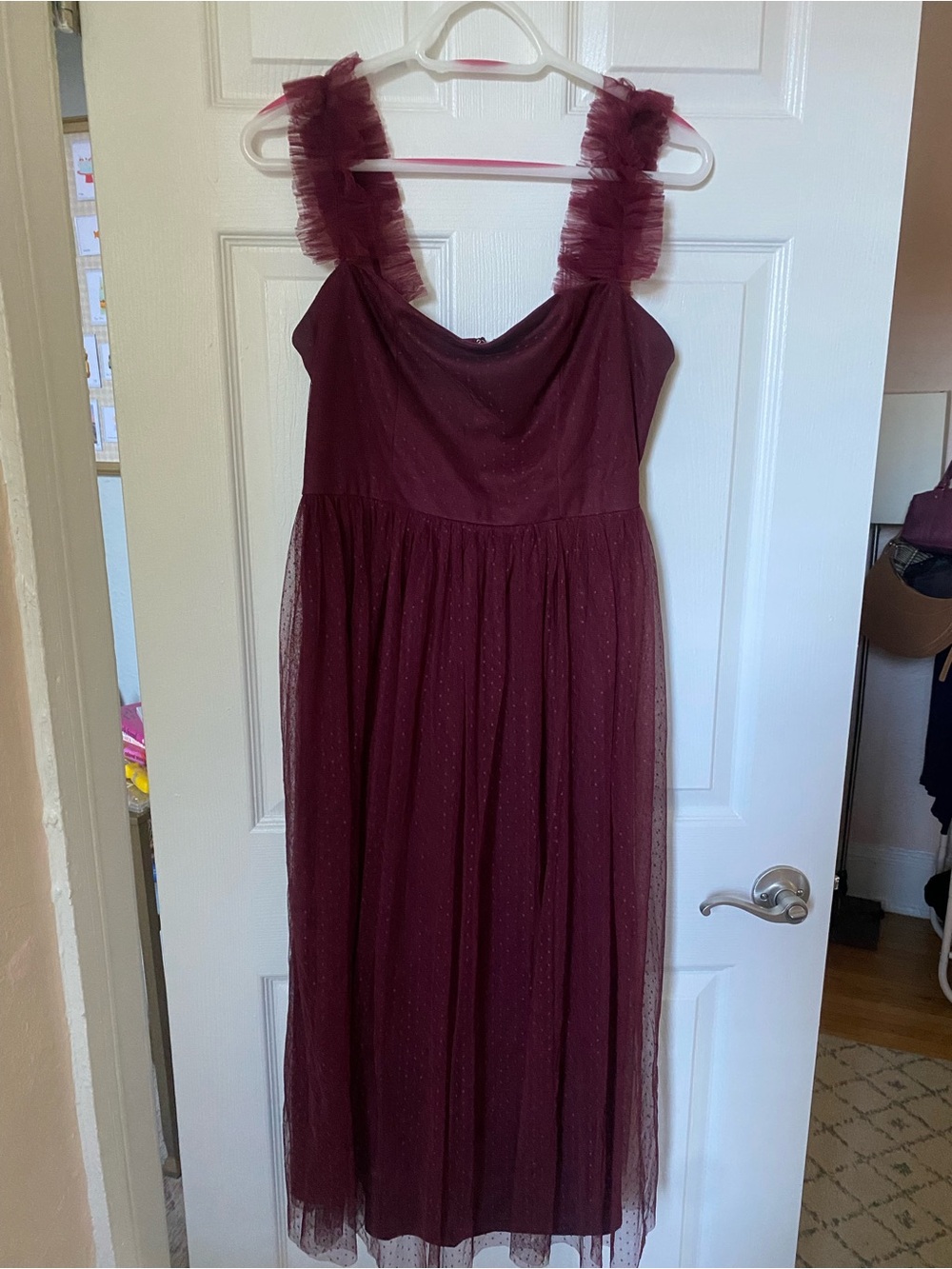 Lulu's Burgundy Swiss Dot Tulle Midi Dress with Ruffled Straps
